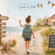 Kind met rugzak neemt afscheid van de zomervakantie en loopt richting school voor de start van het nieuwe schooljaar.