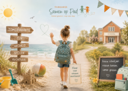 Kind met rugzak neemt afscheid van de zomervakantie en loopt richting school voor de start van het nieuwe schooljaar.