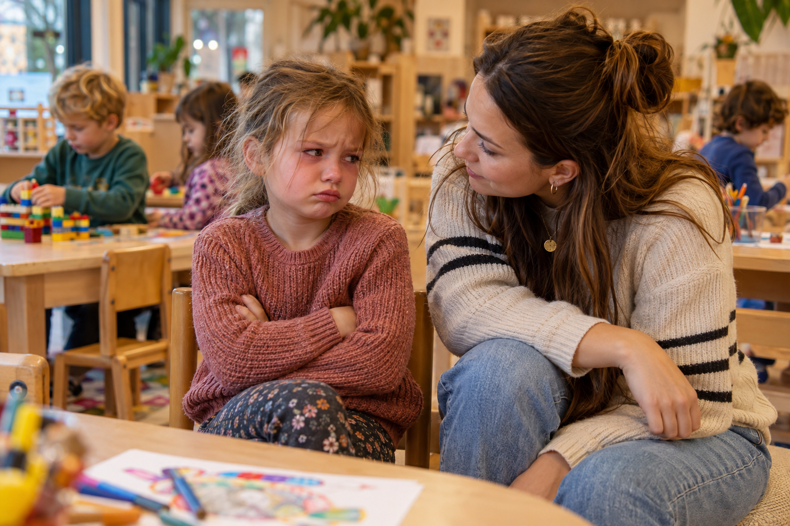 workshop emotieregulatie bij kinderen Pedagogisch medewerker biedt rustig nabijheid aan een boos en verdrietig kind op de BSO, terwijl andere kinderen spelen.