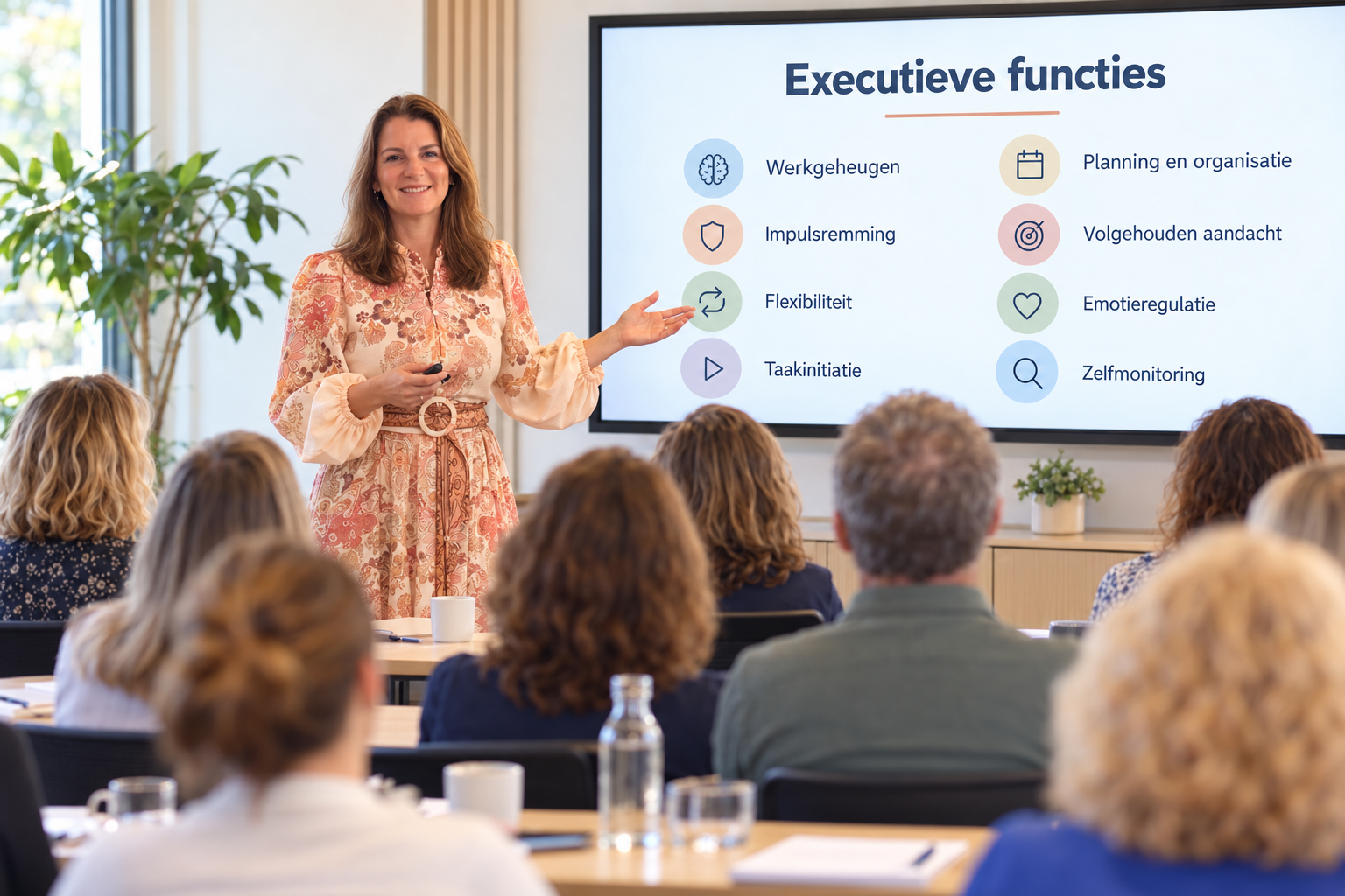 workshop executieve functies bij kinderen Thérèse Tom geeft uitleg over executieve functies aan een groep volwassenen, met een overzicht op het scherm.